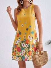 Kadın Sıfır Kollu Bisiklet Yaka çiçek Desenli Süprem Mini Elbise