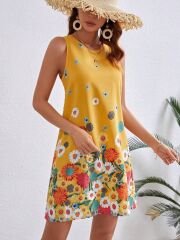 Kadın Sıfır Kollu Bisiklet Yaka çiçek Desenli Süprem Mini Elbise