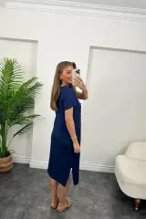 Kadın Kısa Kollu Yırtmaç Detaylı Salaş Viskon Elbise