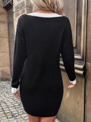 Kadın Uzun Kollu V Yakalı Kısa Triko Elbise