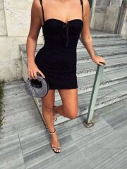 Kadın Omuz Askılı File Kumaş Likralı Mini Elbise