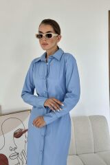 Mavi Boydan Düğmeli Deri Elbise