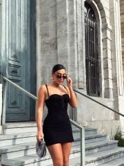 Kadın Omuz Askılı File Kumaş Likralı Mini Elbise