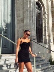 Kadın Omuz Askılı File Kumaş Likralı Mini Elbise