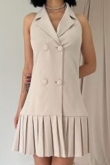 Bej Sırtı Açık Ceket Yakalı Elbise