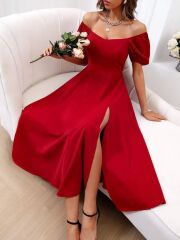 Kadın Kısa Kollu Kare Yakalı Yırtmaçlı Midi Janjan Krep Elbise