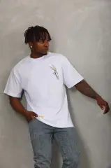 Unisex Oversize Baskılı Bisiklet Yaka T-Shirt - Beyaz