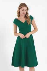 Kadın Kısa Kollu Kruvaze Yaka Eteği Volanlı Krep Elbise