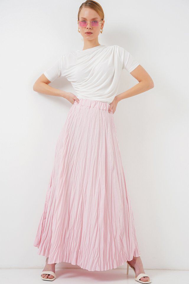 Uzun Kırışık Etek 8042 - Pudra