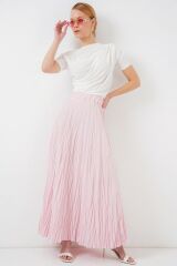 Uzun Kırışık Etek 8042 - Pudra