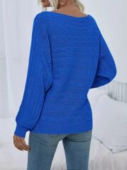 Kadın Uzun Kollu Yakası Açık Saç örgü Desenli Triko Bluz