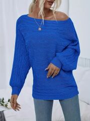 Kadın Uzun Kollu Yakası Açık Saç örgü Desenli Triko Bluz