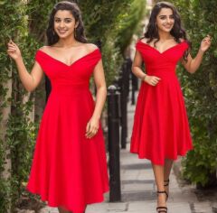 Kadın Kısa Kollu Kruvaze Yaka Eteği Volanlı Krep Elbise