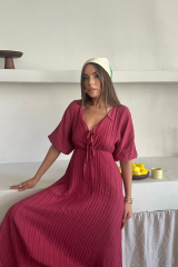 V YAKA DÖKÜMLÜ ELBİSE - Pembe