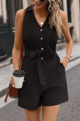 Kadın Sıfır Kollu Yakalı Düğmeli Belden Kuşaklı Kısa Keten Tulum