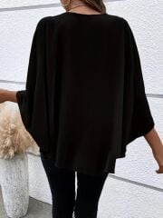 Kadın Asimetrik Pelerin Kollu Yuvarlak Yaka Salaş Sandy Bluz