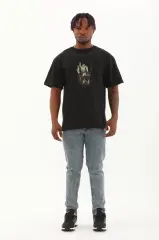 Unisex Oversize Baskılı Bisiklet Yaka T-Shirt - Siyah