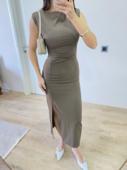 Yırtmaç Detaylı Kolsuz Elbise - Antrasit