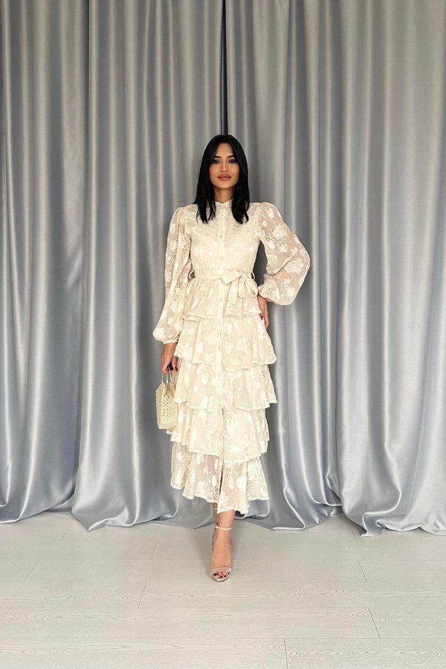 Bej Valonlu Şeritli Kat Kat Elbise