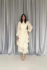 Bej Valonlu Şeritli Kat Kat Elbise