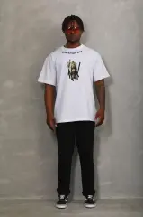 Unisex Oversize Baskılı Bisiklet Yaka T-Shirt - Beyaz