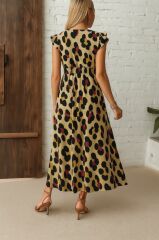 Kadın Kısa Kollu V Yakalı Desenli Yandan Yırtmaçlı Süprem Elbise