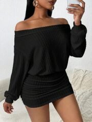 Kadın Uzun Kollu Omuzlardan Açık Yanlardan Büzgülü şardonlu Kaşkorse Elbise