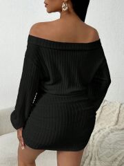 Kadın Uzun Kollu Omuzlardan Açık Yanlardan Büzgülü şardonlu Kaşkorse Elbise