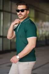 Erkek Dikey Kabartmalı Örgü Dokulu Fermuar Yakalı Tişört