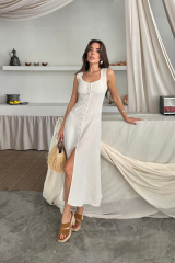 KETEN KOLSUZ KARE YAKA DÜĞME DETAYLI ELBİSE - Beyaz