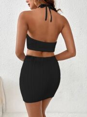 Kadın Sıfır Kol Crop Mini Etek Ikili Triko Takım