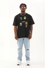 Unisex Oversize Baskılı Bisiklet Yaka T-Shirt - Siyah