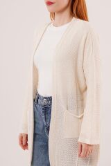 Cepli Salaş Model Triko Uzun Krem Hırka