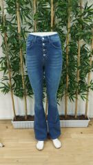 Kadın Yüksek Bel önden Düğmeli Cep Detay Ispanyol Paça Denim Pantolon