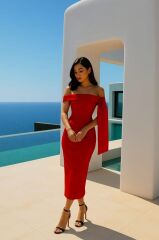 Kadın Dalgıç Krep Kumaş Madonna Yaka Midi Boy Elbise