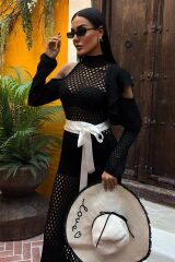 Saten Kuşaklı Ajurlu Triko Elbise 2847