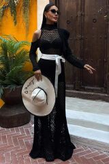 Saten Kuşaklı Ajurlu Triko Elbise 2847