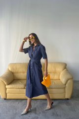 TENCEL ÖNDEN DÜĞMELİ KISA KOL ELBİSE - Mavi