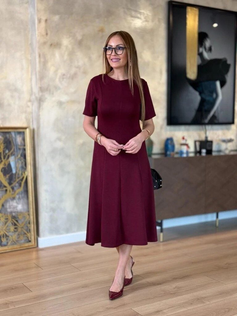 Kadın Kısa Kollu Bisiklet Yaka Midi Viskon Iki Iplik Elbise