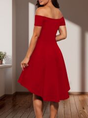 Kadın Kısa Kollu Madonna Yaka önü Kısa Arkası Uzun Ithal Krep Elbise
