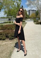 Kadın Kısa Kollu Madonna Yaka önü Kısa Arkası Uzun Ithal Krep Elbise