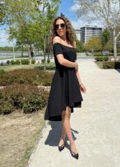 Kadın Kısa Kollu Madonna Yaka önü Kısa Arkası Uzun Ithal Krep Elbise