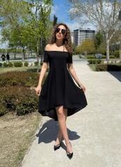 Kadın Kısa Kollu Madonna Yaka önü Kısa Arkası Uzun Ithal Krep Elbise