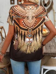 Kadın Kısa Kollu V Yakalı Kısa Kollu Salaş Desenli Süprem Bluz