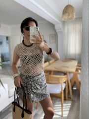 Kadın Askılı Yuvarlak Yaka Geometrik Desenli Triko Bluz