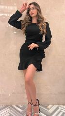 Kadın Uzun Kollu Bisiklet Yaka önden Volanlı Ithal Krep Elbise