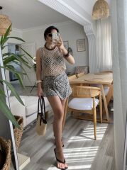 Kadın Askılı Yuvarlak Yaka Geometrik Desenli Triko Bluz