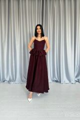 Bordo Beli Büzgülü İnci Askılı Uzun Elbise