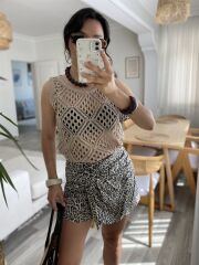 Kadın Askılı Yuvarlak Yaka Geometrik Desenli Triko Bluz