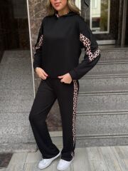 Kadın Kapüşonlu Leopar Detay Sweat Ve Yüksek Bel Yanları Leopar şeritli Bol Paça Pantolon Ikili Takım